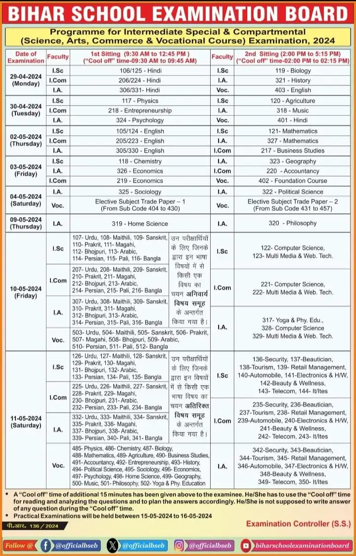 Bihar Board compartment 12 exam 2024 date released